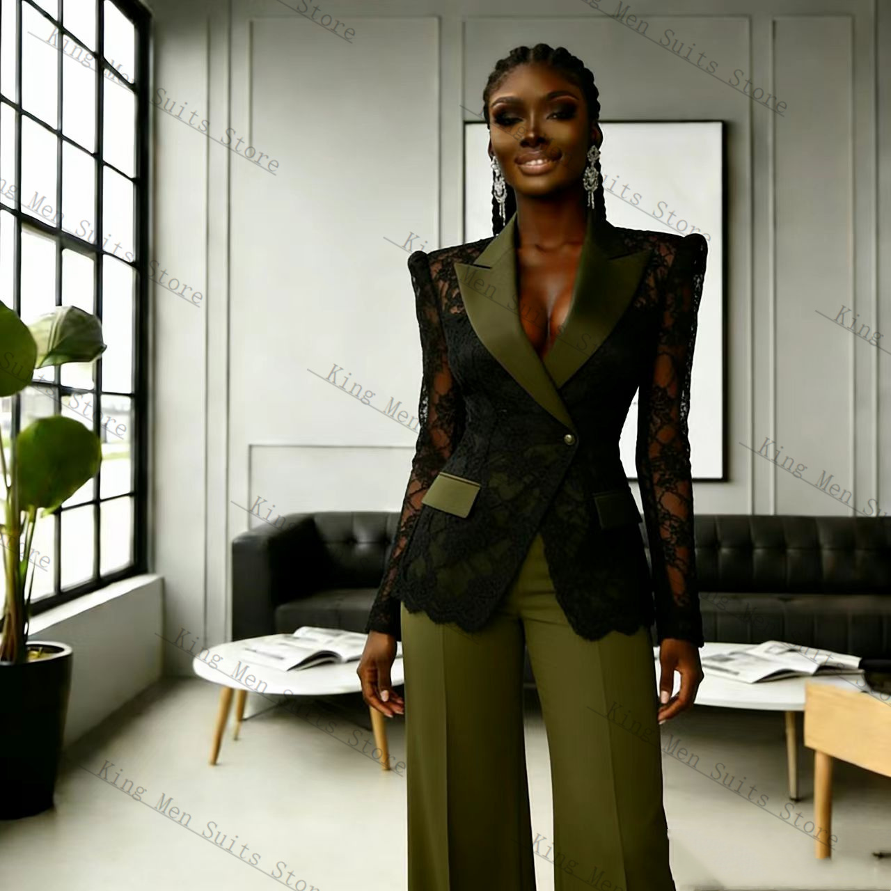 Women'S Formal Wear Wedding Guest - Traje de Encaje Verde y Negro